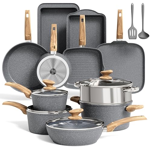 MAISON ARTS 17 Piece Pots and Pans Set Non Stick, Kitchen Cookware Sets with Nonstick Granite Stone Coating, Suitable for Induction Cooktops, Grey - Image 1