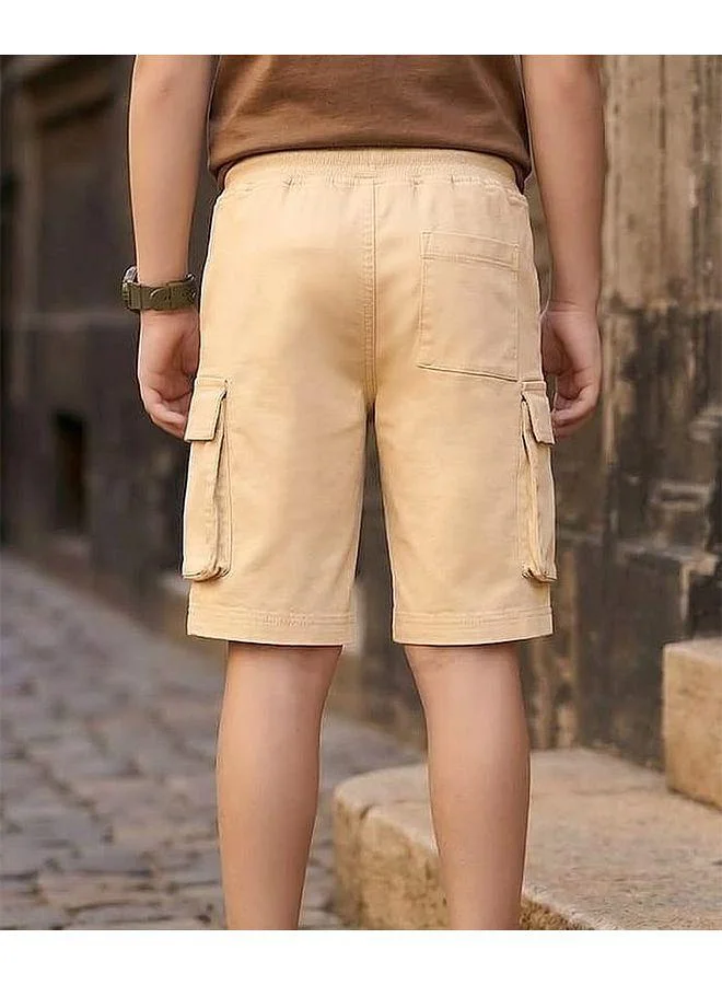 Pine Kids Pine Kids 100% Cotton Knit Shorts with Text Print and Cargo Pockets - Beige