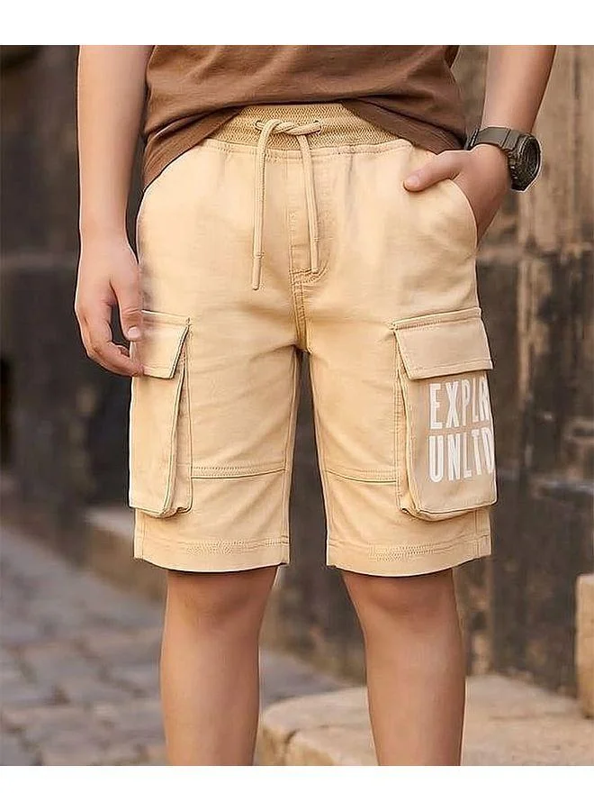 Pine Kids Pine Kids 100% Cotton Knit Shorts with Text Print and Cargo Pockets - Beige