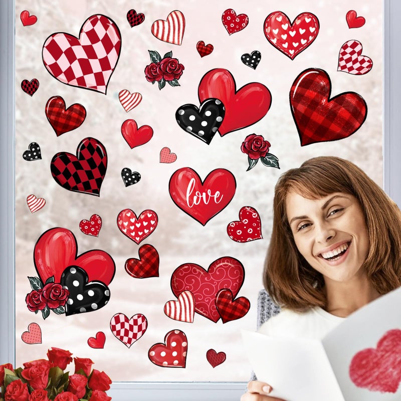 Mfault Valentines Day Window Clings, Red Black Love Hearts Rose Buffalo Plaid Polka Dots Stripes Stickers Decals Decorations, Romantic Anniversary Wedding Home Living Room Kitchen Decor - Image 3