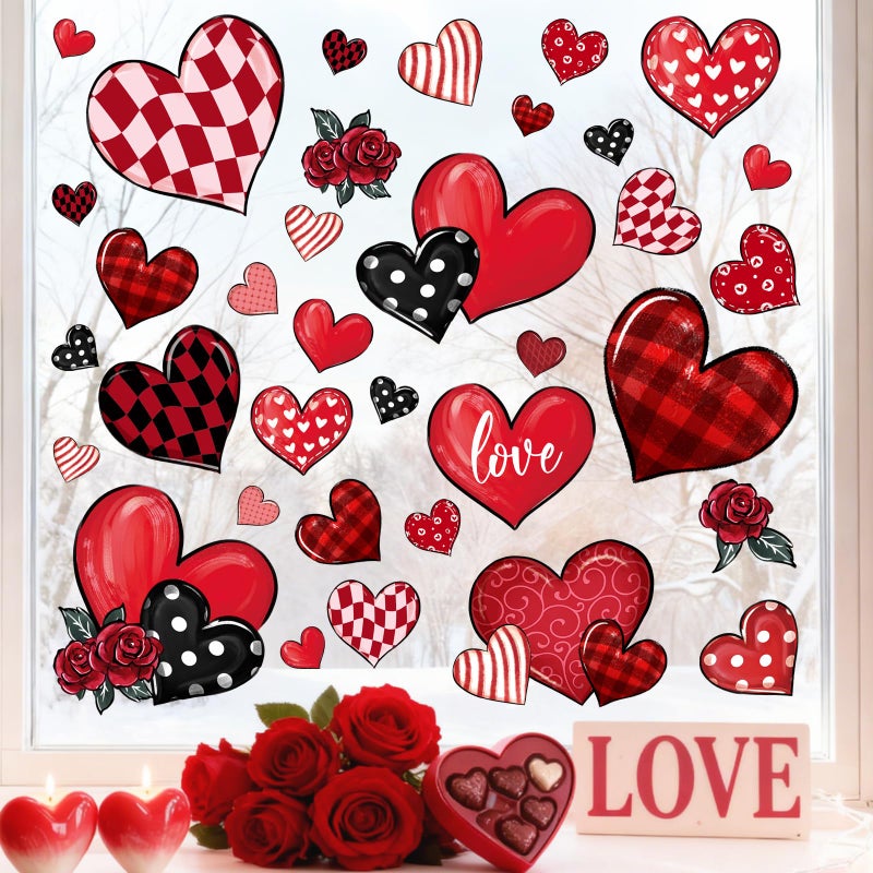 Mfault Valentines Day Window Clings, Red Black Love Hearts Rose Buffalo Plaid Polka Dots Stripes Stickers Decals Decorations, Romantic Anniversary Wedding Home Living Room Kitchen Decor - Image 1