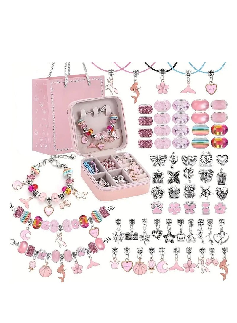 68PCS Charm Bracelet Making Kit for Girls – DIY Jewelry Kit with Snake Chain Bracelets, Charms & Gift Box – Perfect Birthday, Christmas, Ramadan & Eid Gift for Kids Ages 6-12 (Pink)