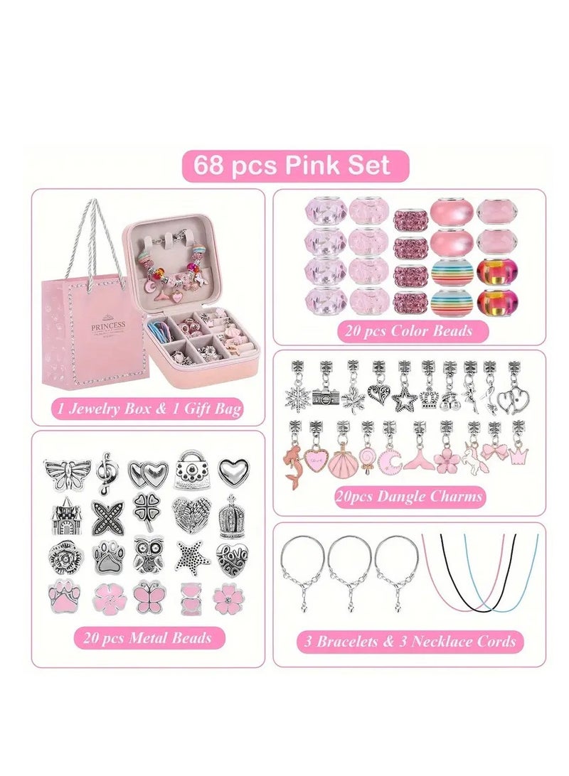 68PCS Charm Bracelet Making Kit for Girls – DIY Jewelry Kit with Snake Chain Bracelets, Charms & Gift Box – Perfect Birthday, Christmas, Ramadan & Eid Gift for Kids Ages 6-12 (Pink)