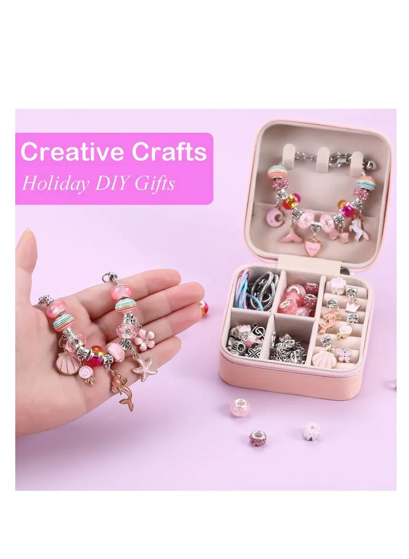 68PCS Charm Bracelet Making Kit for Girls – DIY Jewelry Kit with Snake Chain Bracelets, Charms & Gift Box – Perfect Birthday, Christmas, Ramadan & Eid Gift for Kids Ages 6-12 (Pink)