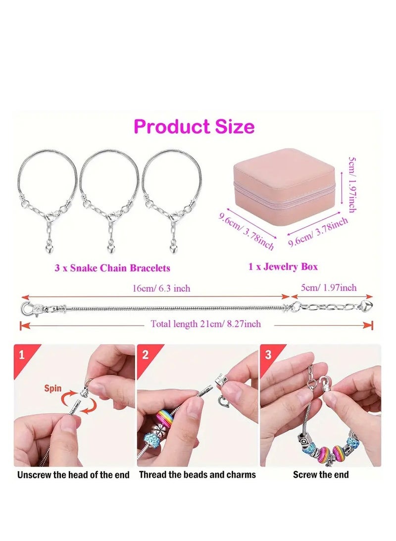 68PCS Charm Bracelet Making Kit for Girls – DIY Jewelry Kit with Snake Chain Bracelets, Charms & Gift Box – Perfect Birthday, Christmas, Ramadan & Eid Gift for Kids Ages 6-12 (Pink)