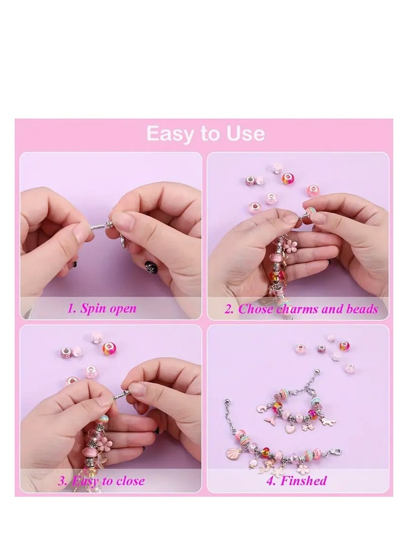 68PCS Charm Bracelet Making Kit for Girls – DIY Jewelry Kit with Snake Chain Bracelets, Charms & Gift Box – Perfect Birthday, Christmas, Ramadan & Eid Gift for Kids Ages 6-12 (Pink)