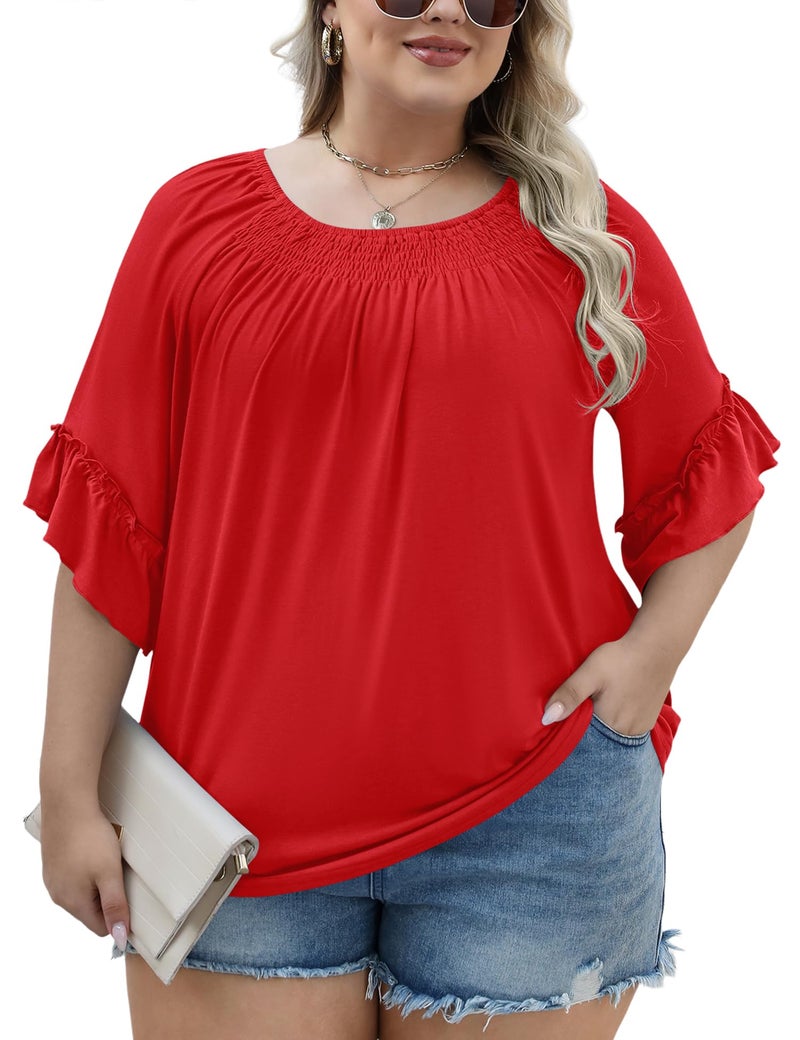 Micoson Plus Size 3/4 Sleeve Tops for Women Half Sleeve Shirts Dressy Casual Crewneck Tunics Plus Work Tops Business Elegant Top Red - Image 4