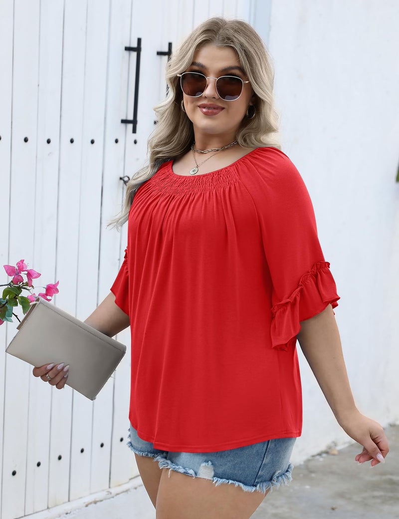 Micoson Plus Size 3/4 Sleeve Tops for Women Half Sleeve Shirts Dressy Casual Crewneck Tunics Plus Work Tops Business Elegant Top Red - Image 3