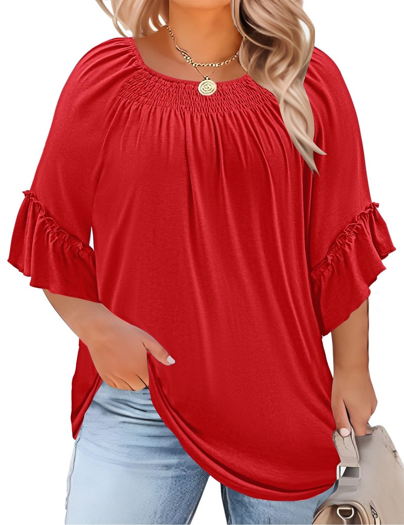 Micoson Plus Size 3/4 Sleeve Tops for Women Half Sleeve Shirts Dressy Casual Crewneck Tunics Plus Work Tops Business Elegant Top Red - Image 1