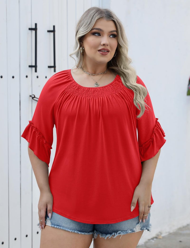 Micoson Plus Size 3/4 Sleeve Tops for Women Half Sleeve Shirts Dressy Casual Crewneck Tunics Plus Work Tops Business Elegant Top Red - Image 5