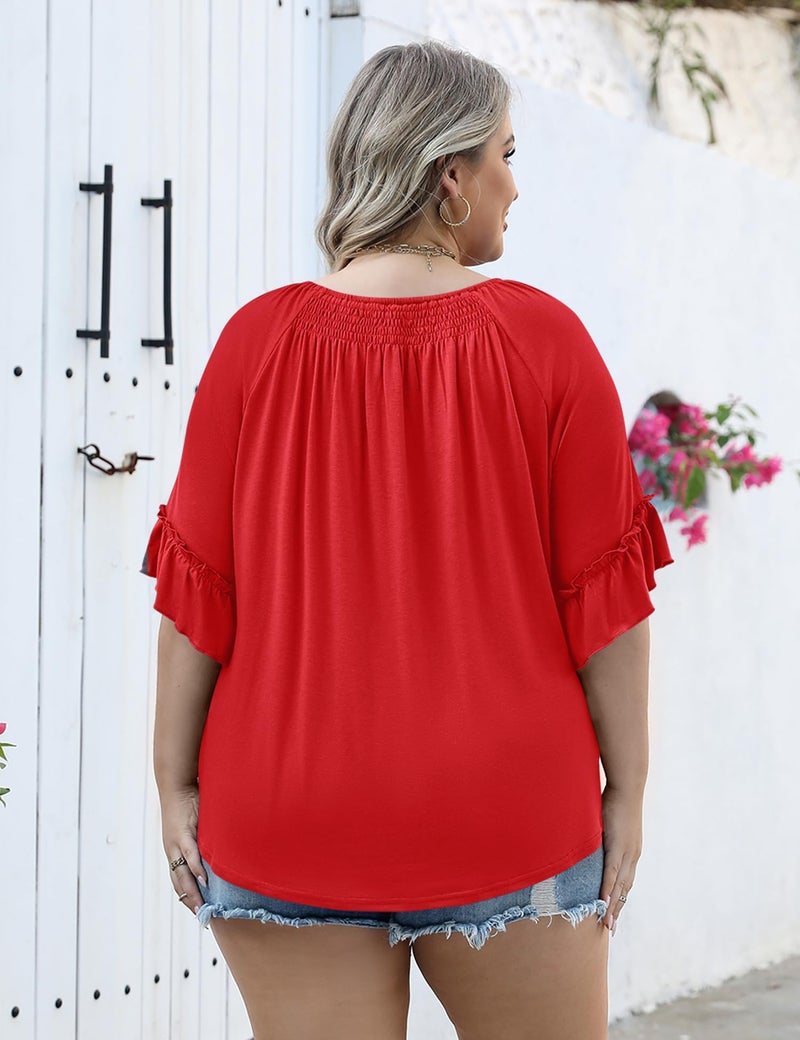 Micoson Plus Size 3/4 Sleeve Tops for Women Half Sleeve Shirts Dressy Casual Crewneck Tunics Plus Work Tops Business Elegant Top Red - Image 2