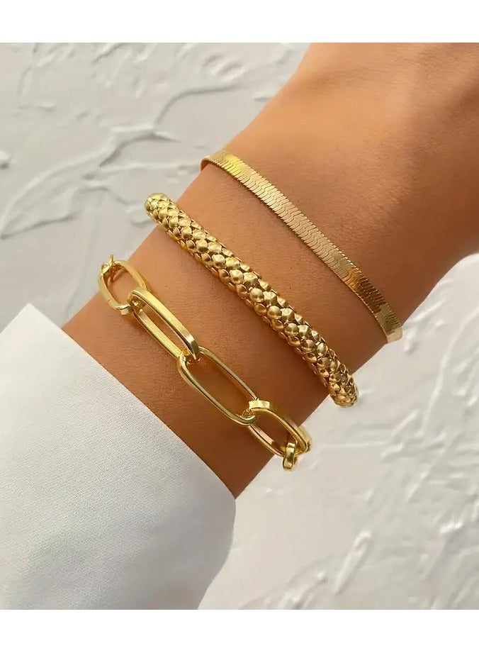 Home Clearance Sale Trendy European And American Accessories: Hot-selling Multi-layer Snake Bone Chain Bracelet Set, Creative Vintage 3-piece Golden Chain Bracelet For Women - Image 4