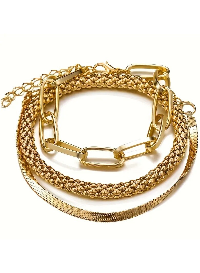 Home Clearance Sale Trendy European And American Accessories: Hot-selling Multi-layer Snake Bone Chain Bracelet Set, Creative Vintage 3-piece Golden Chain Bracelet For Women - Image 1