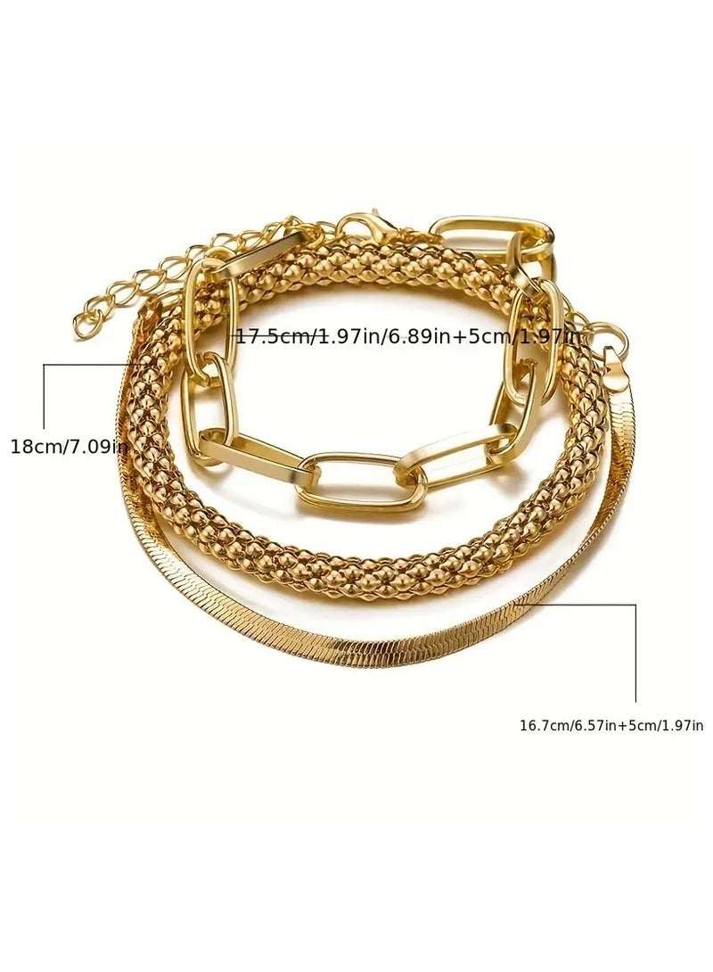 Home Clearance Sale Trendy European And American Accessories: Hot-selling Multi-layer Snake Bone Chain Bracelet Set, Creative Vintage 3-piece Golden Chain Bracelet For Women - Image 3