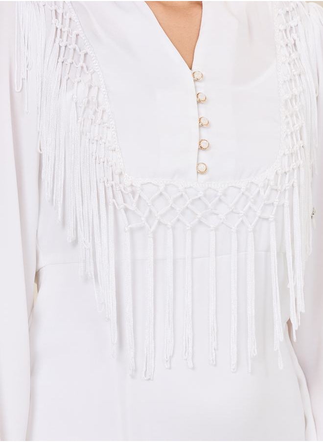 Styli - Tassel Detail Notch Neck A-line Midi Dress - Image 1
