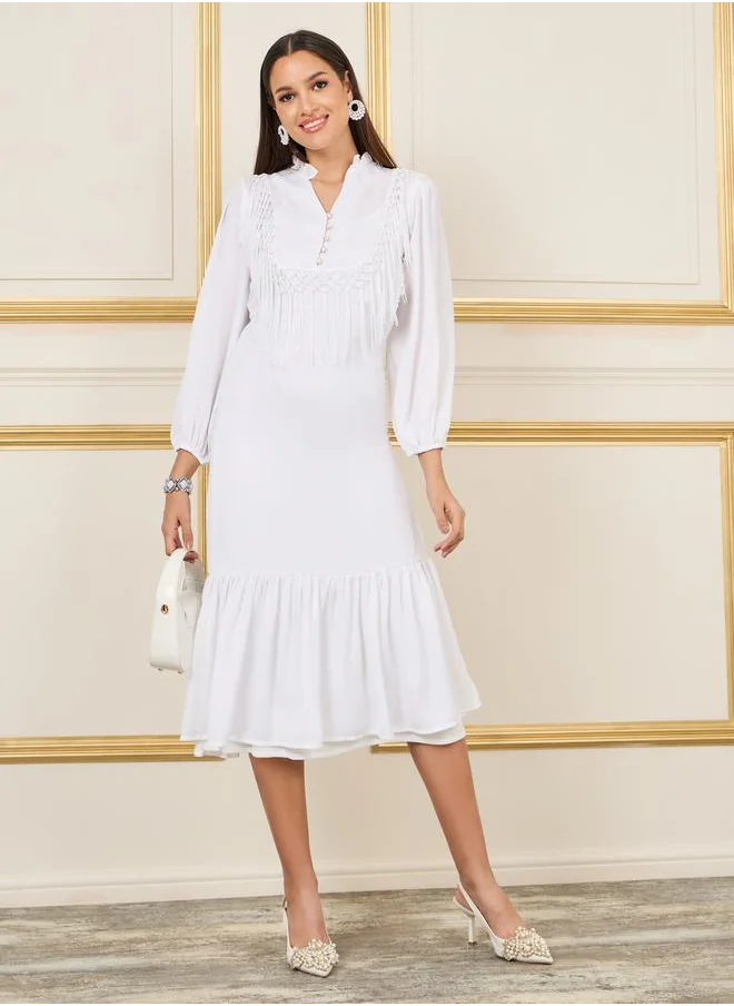 Styli Tassel Detail Notch Neck A-line Midi Dress