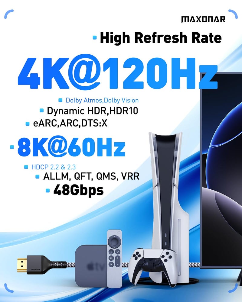 Maxonar 8K HDMI cable PS5 3FT (Certified) Ultra High Speed HDMIÂ® Cable 48Gbps 8K60 4K120 144Hz RTX 3090 eARC HDR HDCP 2.2&2.3 Compatible with PlayStation 5, Xbox Series X, Roku/Fire/Sony/LG TV - Image 3