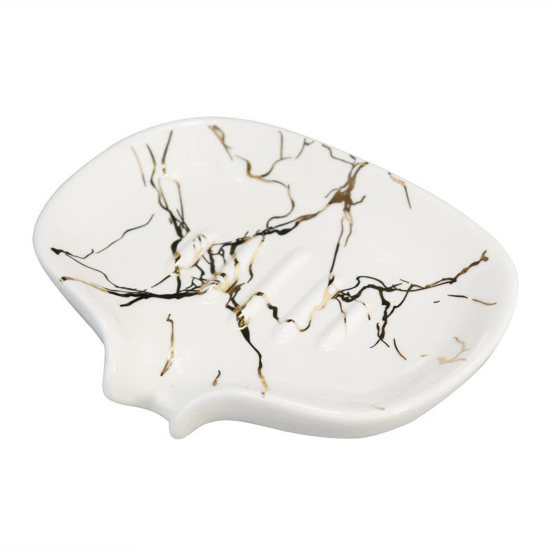 Polyroyal Gold Marble Texture Soap Dish Ceramic Soap Holder Self Draining Soap Dish Waterfall Slot Sponge Holder Bathroom Accessories for Bathroom KitchenBar Counter