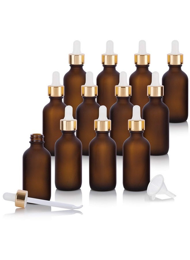 JUVITUS 2 Oz Frosted Amber Glass Boston Round Bottle With Gold Metal And Glass Dropper (12 Pack) + Funnel  - Image 1