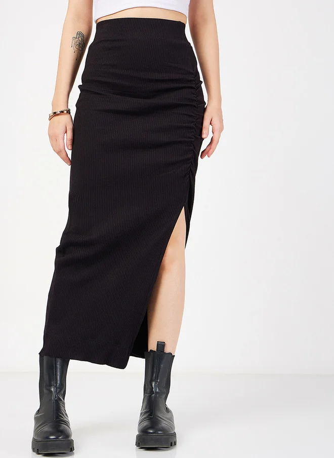 Black Ribbed Ruched Midi Skirt for Women