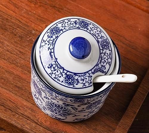 123Arts Ceramic Blue and White Sugar Bowl Spice Jar with Lid Spoon Seasoning Pot - Image 4