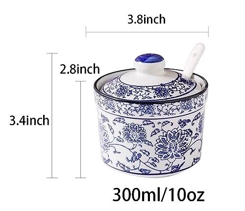 123Arts Ceramic Blue and White Sugar Bowl Spice Jar with Lid Spoon Seasoning Pot - Image 2