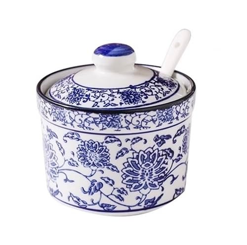 123Arts Ceramic Blue and White Sugar Bowl Spice Jar with Lid Spoon Seasoning Pot - Image 1