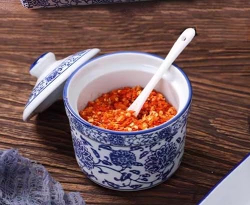 123Arts Ceramic Blue and White Sugar Bowl Spice Jar with Lid Spoon Seasoning Pot - Image 3