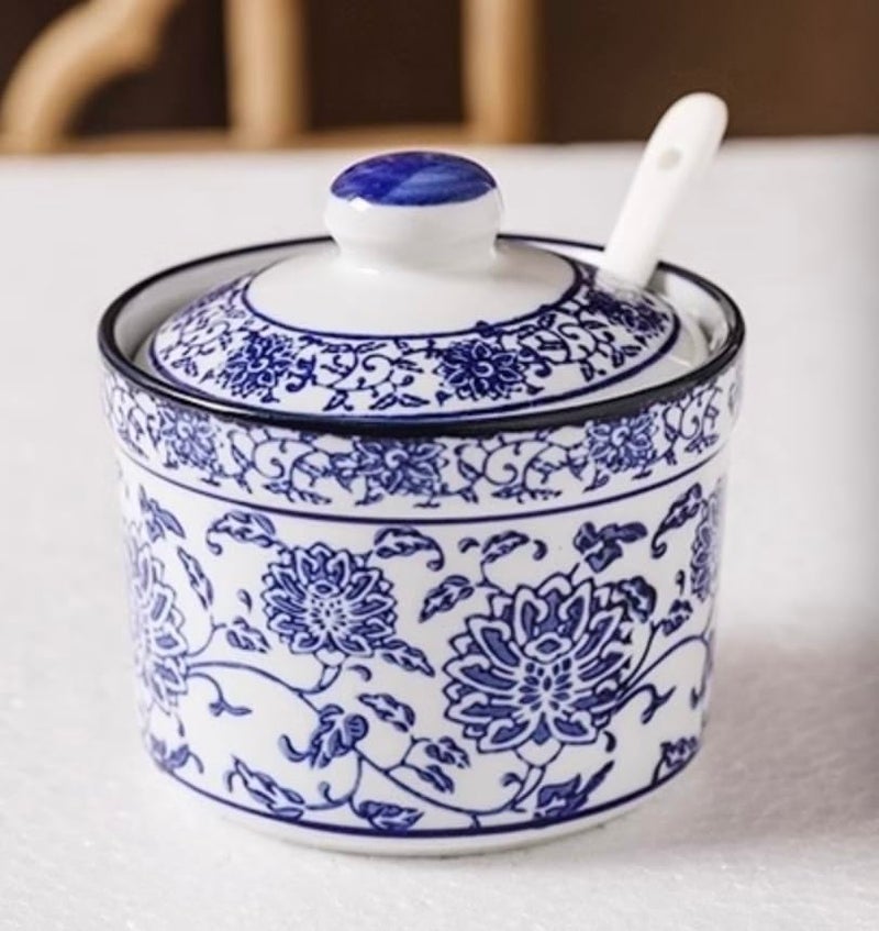 123Arts Ceramic Blue and White Sugar Bowl Spice Jar with Lid Spoon Seasoning Pot - Image 5