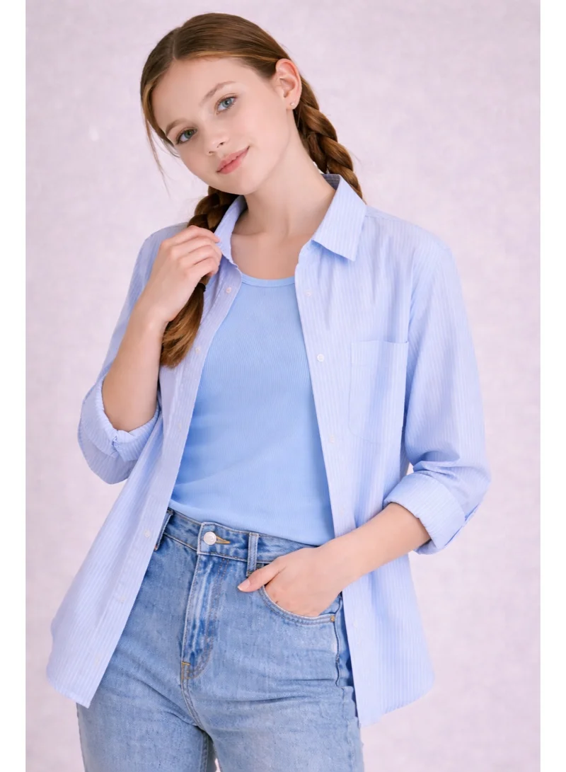 فكتور اند جين Girls’ Oversized Striped Shirt – Button-Down with Chest Pocket
