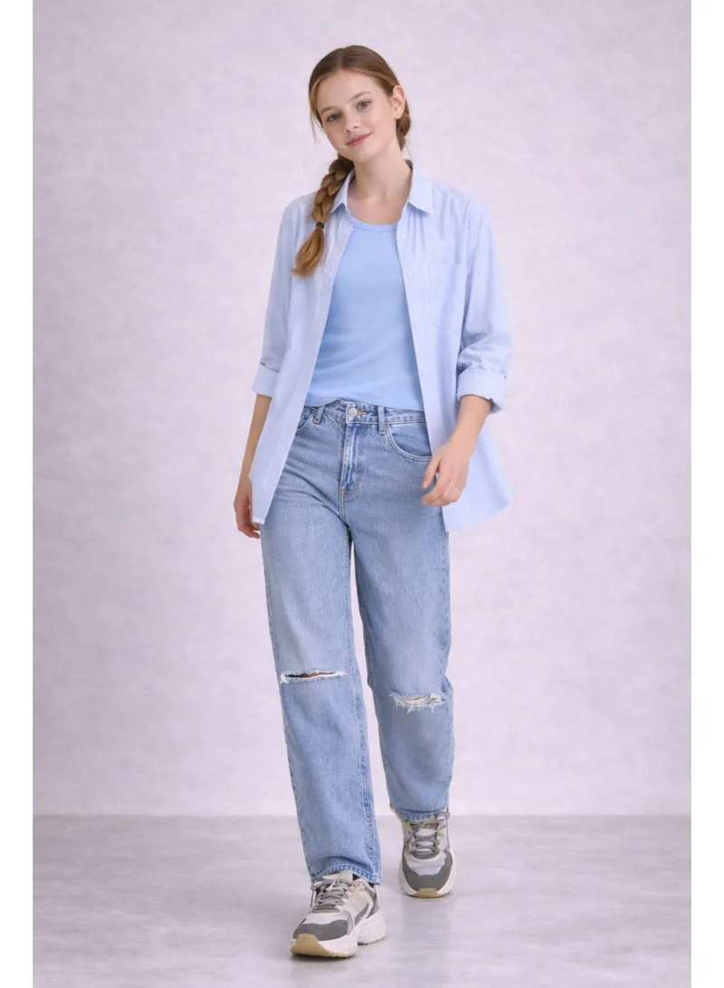 Victor And Jane LT BLUE Girls’ Oversized Striped Shirt – Button-Down with Chest Pocket for Women | Best Price UAE