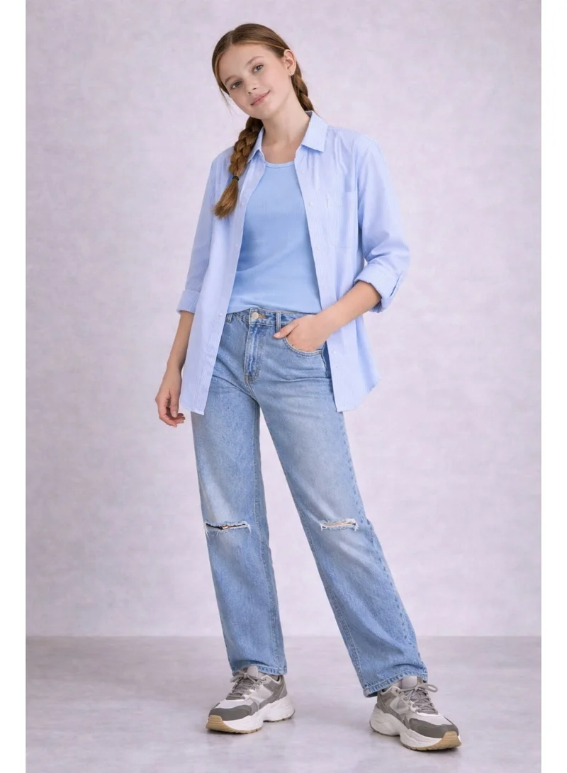 Victor And Jane LT BLUE Girls’ Oversized Striped Shirt – Button-Down with Chest Pocket for Women | Best Price UAE