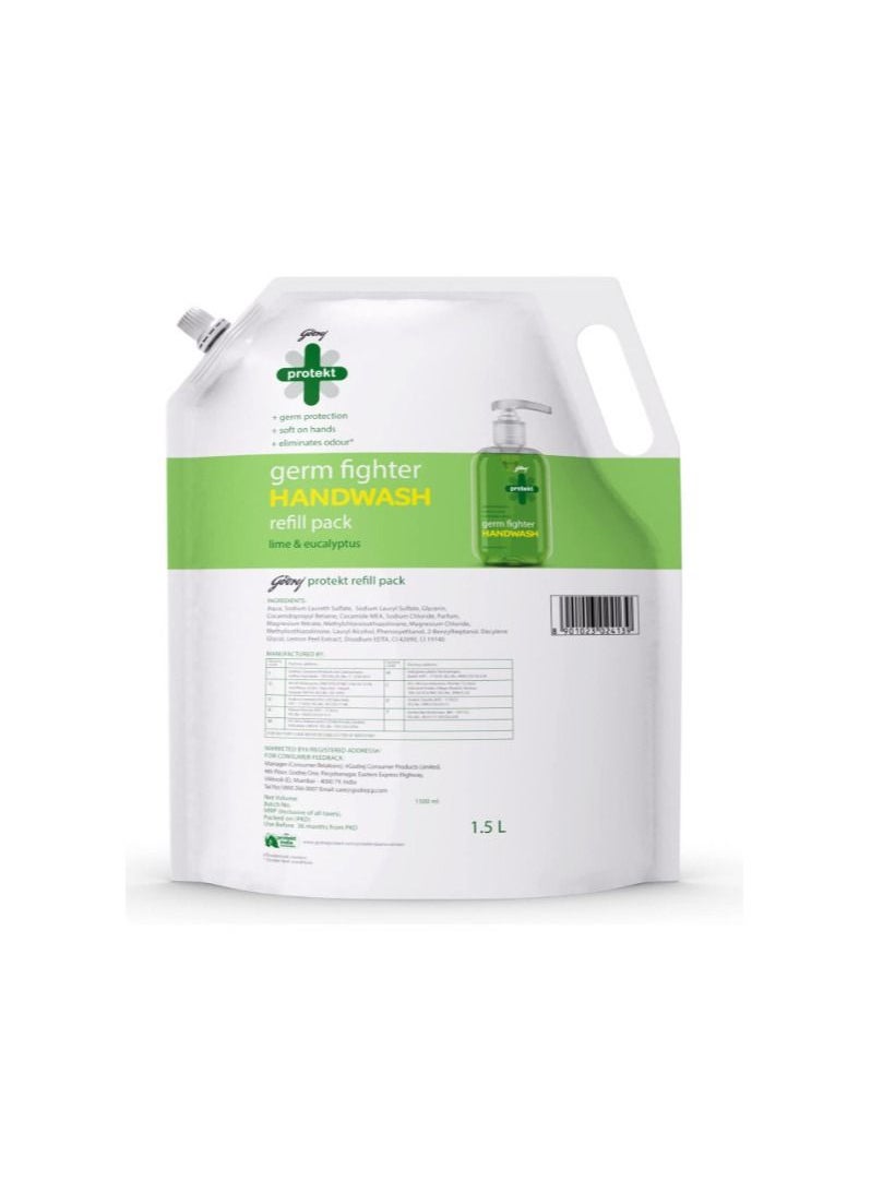 Godrej - Godrej Protekt Germ Fighter Handwash Refill Pack | Lime & Eucalyptus | Germ Protection & Soft on Hands - 1.5 L - Image 1