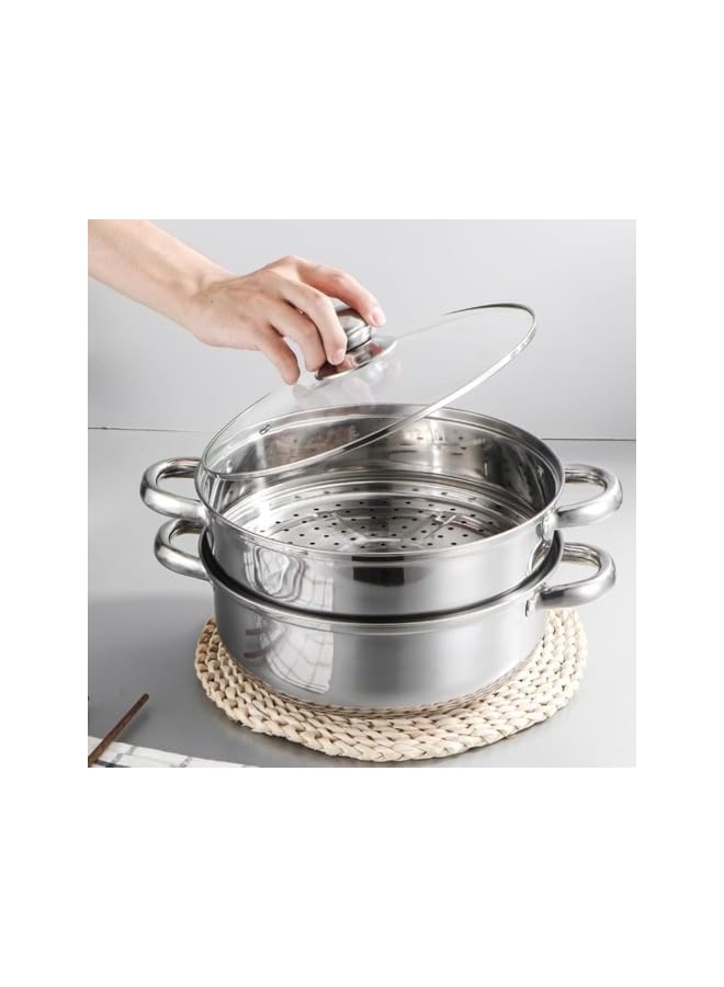 Green Tiger 2-Tier Stainless Steel Steamer For Cooking, 7-Inch Multi-Layer Steamer Pot With Handles On Both Sides, Steamer Capsule Bottom With Glass Lid - Dumpling Steamer Food, Steam Pot, Veggie Steamer - Image 3