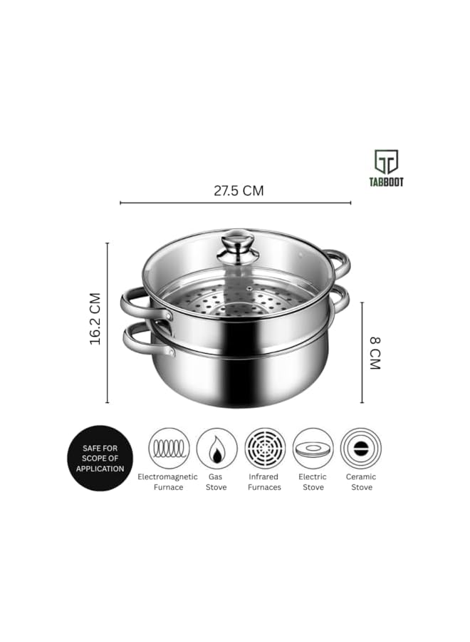 Green Tiger 2-Tier Stainless Steel Steamer For Cooking, 7-Inch Multi-Layer Steamer Pot With Handles On Both Sides, Steamer Capsule Bottom With Glass Lid - Dumpling Steamer Food, Steam Pot, Veggie Steamer - Image 2