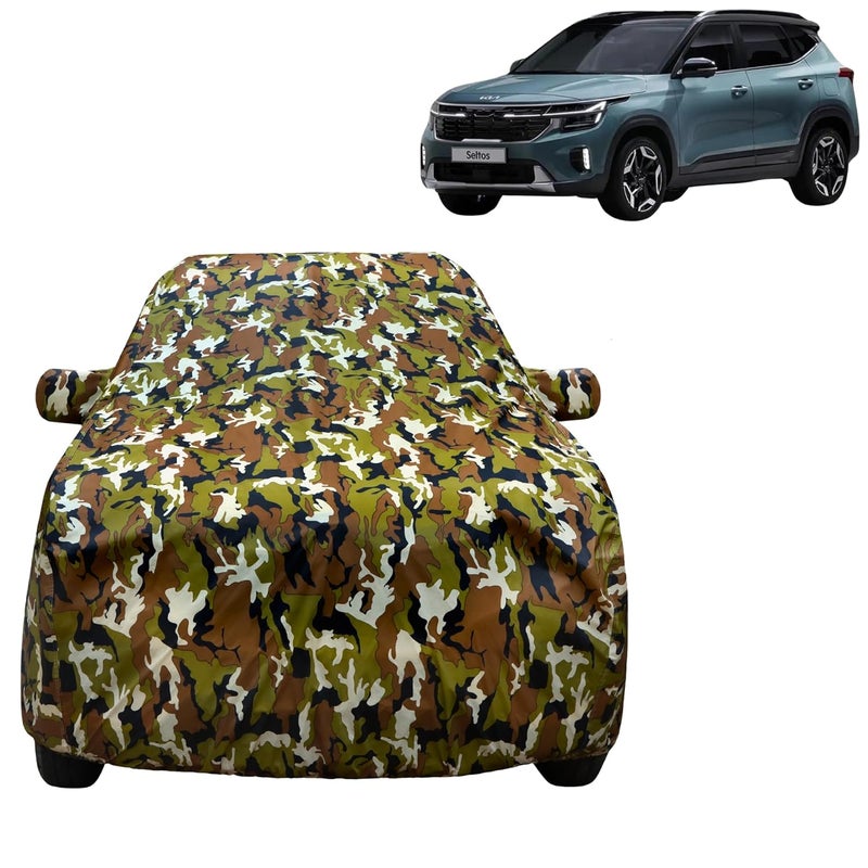 VYAS 100% Waterproof Car Body Cover for KIA Seltoss (2019-2025) with Mirror Pocket Triple Stitched Belt & Buckle Fitting Dual Elastic, Durable Material Jungle Print Camouflage Design - Image 1