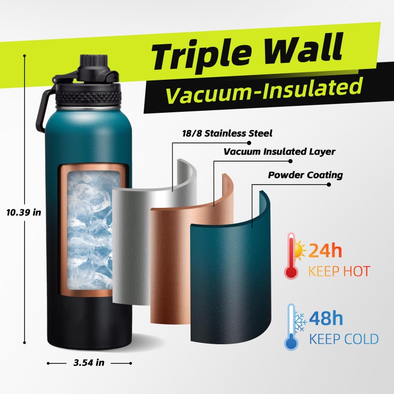 ICIOI 32/40/64/128 oz Insulated Water Bottle 40 oz, (Cold for 48H), Leak Proof Food-Grade Stainless Steel Water Jug With Auto Spout and Straw Lid, Portable Paracord Handle & Carrier Bag for Men Women Gym - Image 5