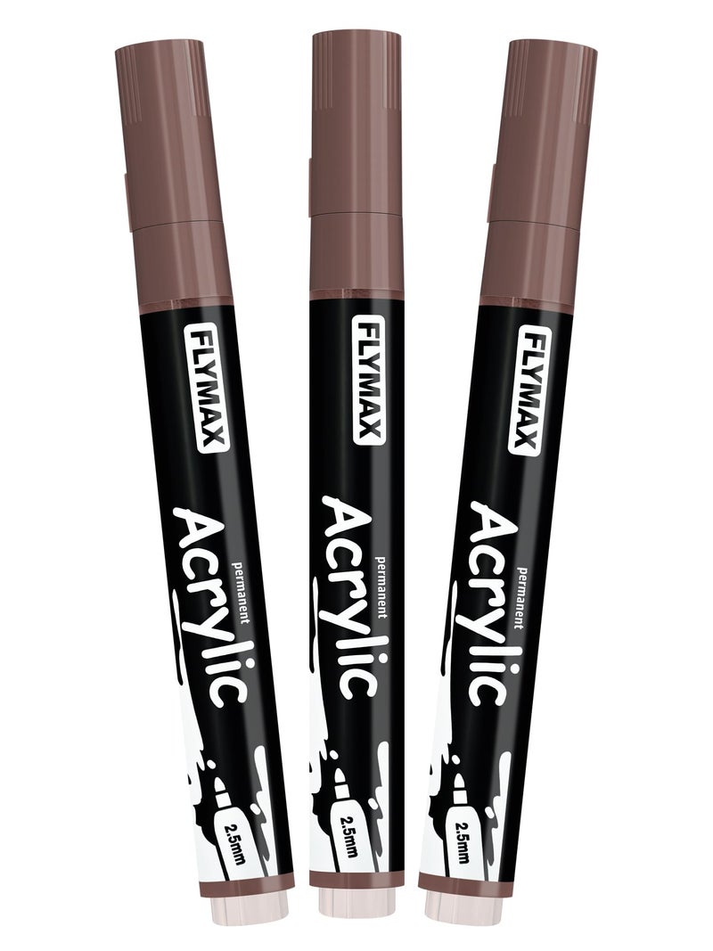 FLYMAX Brown Marker Paint Pens - Permanent Marker Pens Brown Acrylic Paint Water-Based 2.5mm Medium Tip Waterproof Quick-Drying (3 in 1Pack) - Image 1