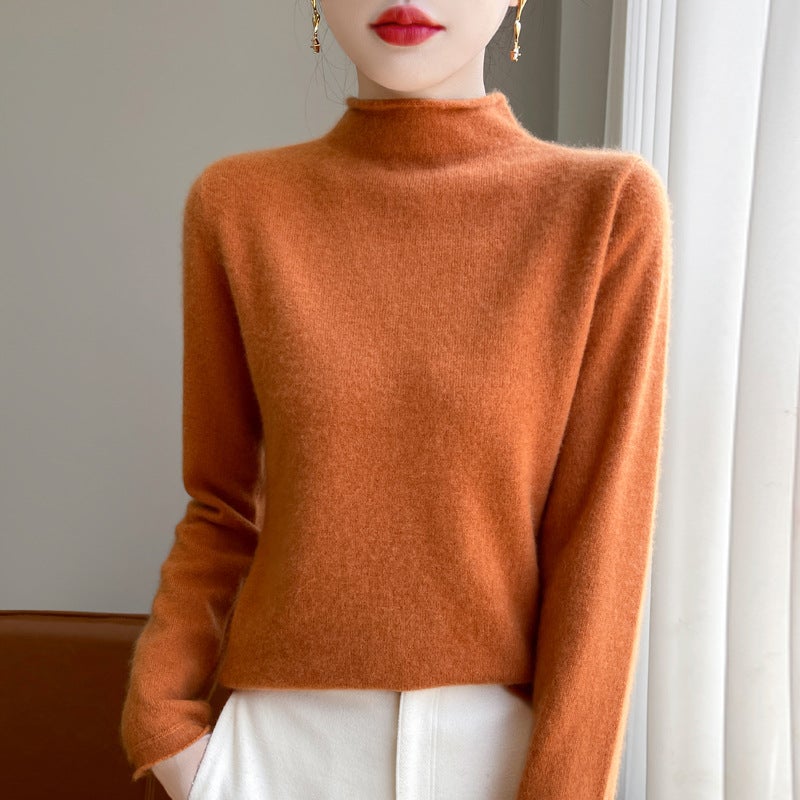 100% Pure Wool Sweater Womens Pile Collar Autumn and Winter Inner Wool Cashmere Sweater Stylish High Collar Top Knitted Base Shirt Half-high rolled edge pumpkin color 