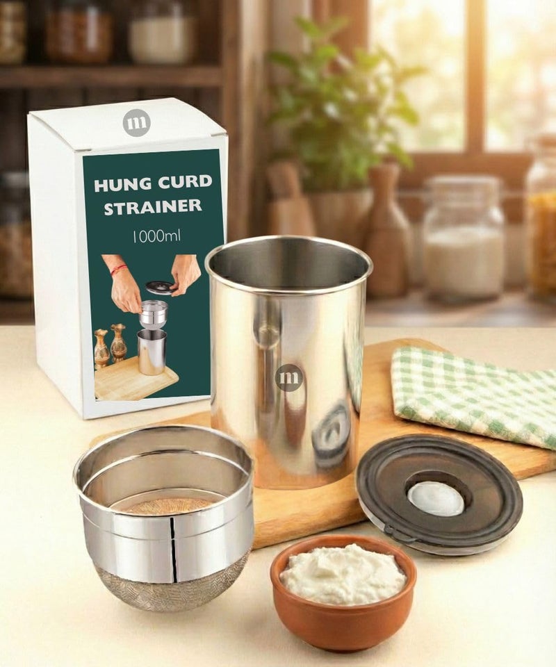 MARU صانع الزبادي اليوناني والقشدة المعلقة متعدد الاستخدامات من الفولاذ المقاوم للصدأ 1000 مل - مصفاة زيت/طعام متينة خالية من BPA مع حاوية تخزين، لصنع 200 جرام من الزبادي المنزلي - Image 1