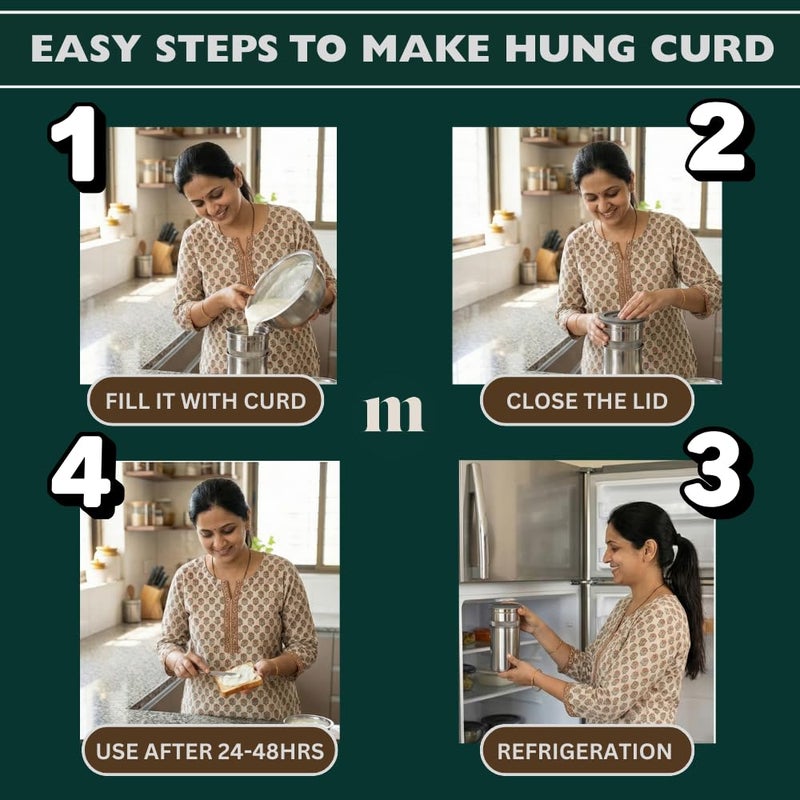 MARU صانع الزبادي اليوناني والقشدة المعلقة متعدد الاستخدامات من الفولاذ المقاوم للصدأ 1000 مل - مصفاة زيت/طعام متينة خالية من BPA مع حاوية تخزين، لصنع 200 جرام من الزبادي المنزلي - Image 3