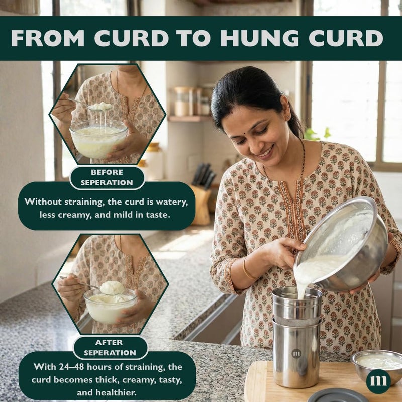 MARU صانع الزبادي اليوناني والقشدة المعلقة متعدد الاستخدامات من الفولاذ المقاوم للصدأ 1000 مل - مصفاة زيت/طعام متينة خالية من BPA مع حاوية تخزين، لصنع 200 جرام من الزبادي المنزلي - Image 4