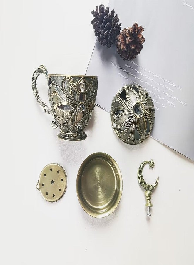 Hourwof Vintage Cone Incense Holder,Metal Incense Burner Holder with Cover,Bakhoor Burners,Incense Ash Catcher with Handle for Yoga Aromatherapy Meditation Home Office Decor,Moon Bronze - Image 5