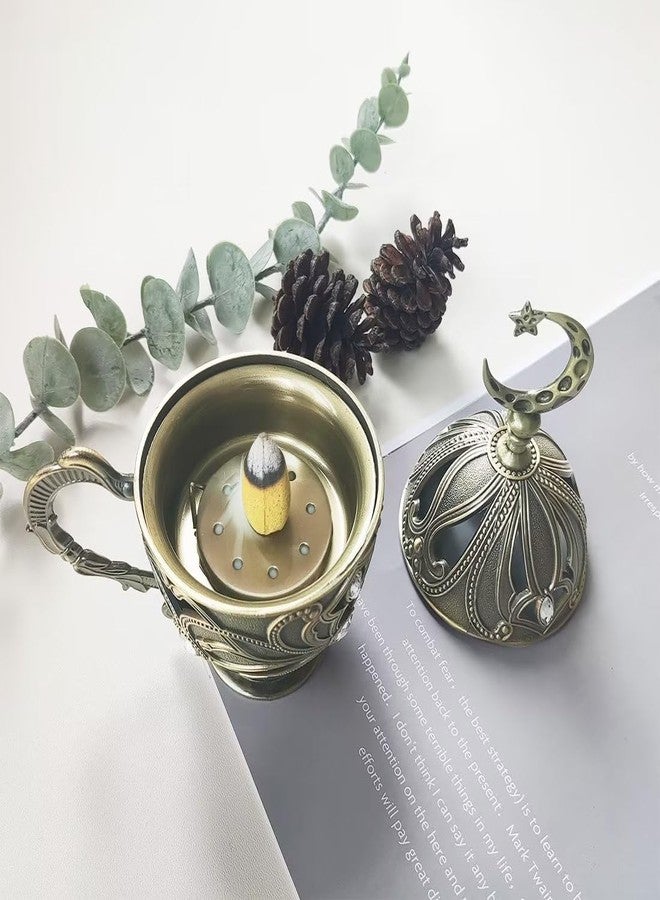 Hourwof Vintage Cone Incense Holder,Metal Incense Burner Holder with Cover,Bakhoor Burners,Incense Ash Catcher with Handle for Yoga Aromatherapy Meditation Home Office Decor,Moon Bronze - Image 2