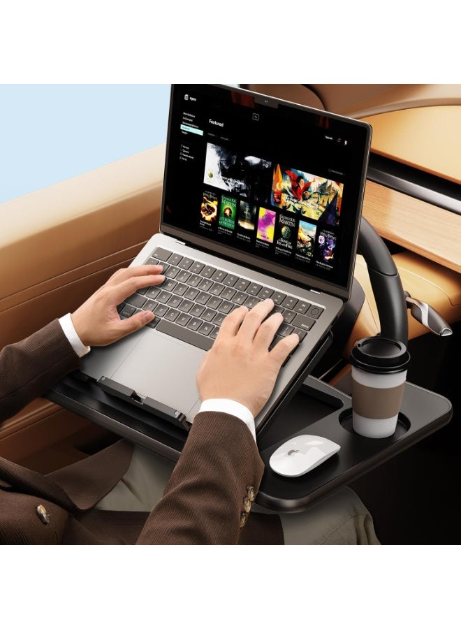 YelaJoy 3 in1 Car Steering Wheel Tray Table for Laptop, Height Adjustable Car Table Tray for Driver, Car Food Tray with Drinks Holder,Multipurpose Travel Car Accessories for Long Road Trips-Black - Image 2