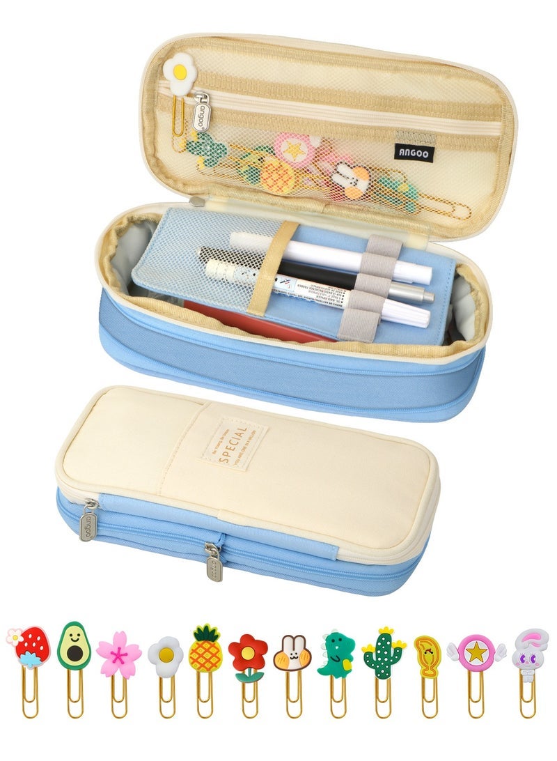 URbazaar Big Capacity Pencil Pen Case Office College School Large Storage High Capacity Bag Pouch Holder Box Organizer Light Blue - Image 1