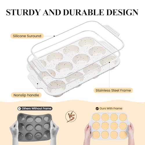Vinino 2-Pack Silicone Muffin Pan for Baking with Metal Reinforced Frame, 12 Cups Regular Size Silicone Cupcake Pan with Non-Slip Handle, Nonstick Muffin Tray for Oven, BPA Free, Dishwasher Safe - Image 2