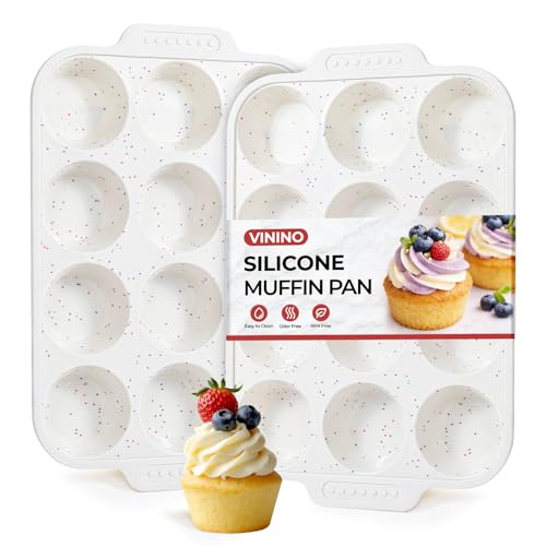 Vinino 2-Pack Silicone Muffin Pan for Baking with Metal Reinforced Frame, 12 Cups Regular Size Silicone Cupcake Pan with Non-Slip Handle, Nonstick Muffin Tray for Oven, BPA Free, Dishwasher Safe - Image 1