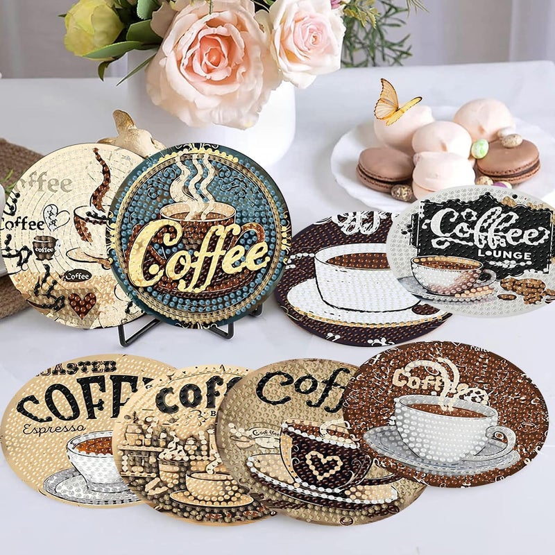 Ekuxom 8 PCS Coffee Diamond Art Coasters Kits with Holder, Diamond Painting Coasters Kits, Non Slip DIY Crafts Art Coaster Kit for Home Decor - Image 4