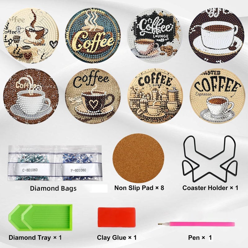 Ekuxom 8 PCS Coffee Diamond Art Coasters Kits with Holder, Diamond Painting Coasters Kits, Non Slip DIY Crafts Art Coaster Kit for Home Decor - Image 3